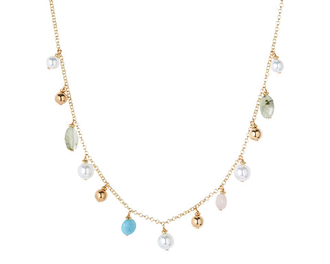 GOLD, IVORY PEARL & MULTI STONE CHARM NECKLACE. 45CMS LENGTH PLUS 6CM EXTENSION CHAIN