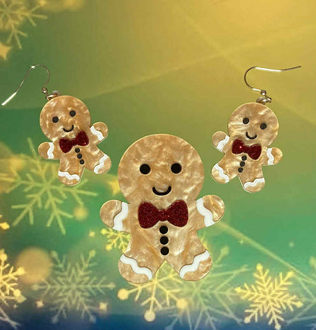 Gingerbread Man Brooch & Earrings Set