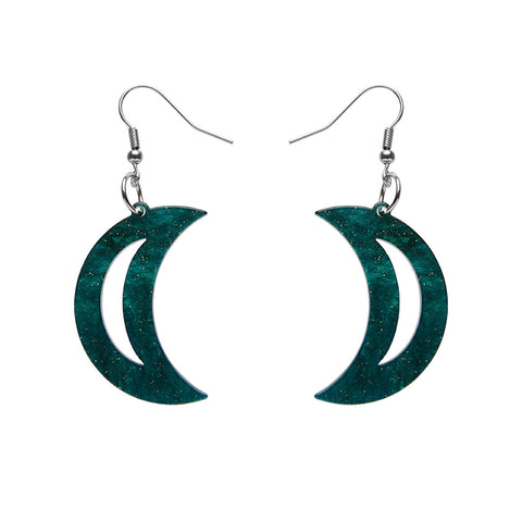 Crescent Moon Ripple Glitter Resin Drop Earrings - Emerald