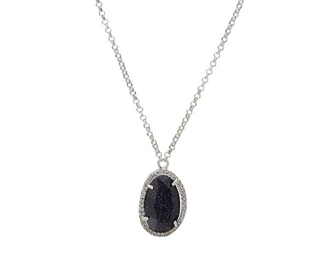 Oval Black Sparkle Obsidian Stone & Zirconia Sterling Necklace